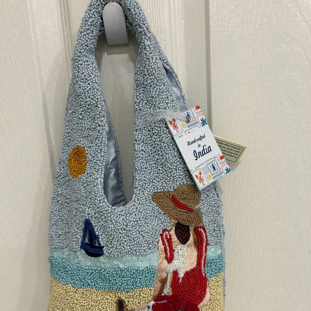 Handmade in India Beaded Beach Scene Bag Tropical Drink Sequins NWT
